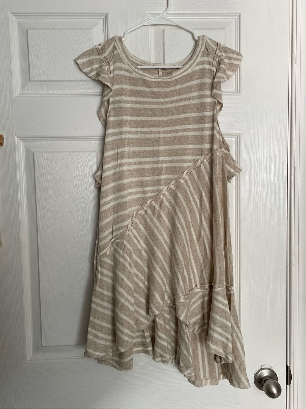 Free People size Small Linen Blend Striped Beige & White Ruffle Hem Mini Dress